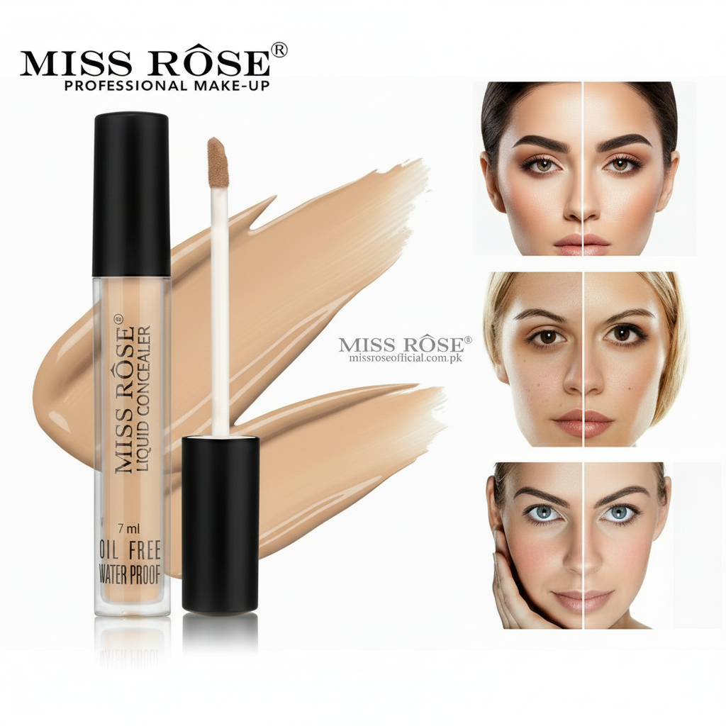 Miss Rose liquid concealer with applicator and before/after effects on faces.