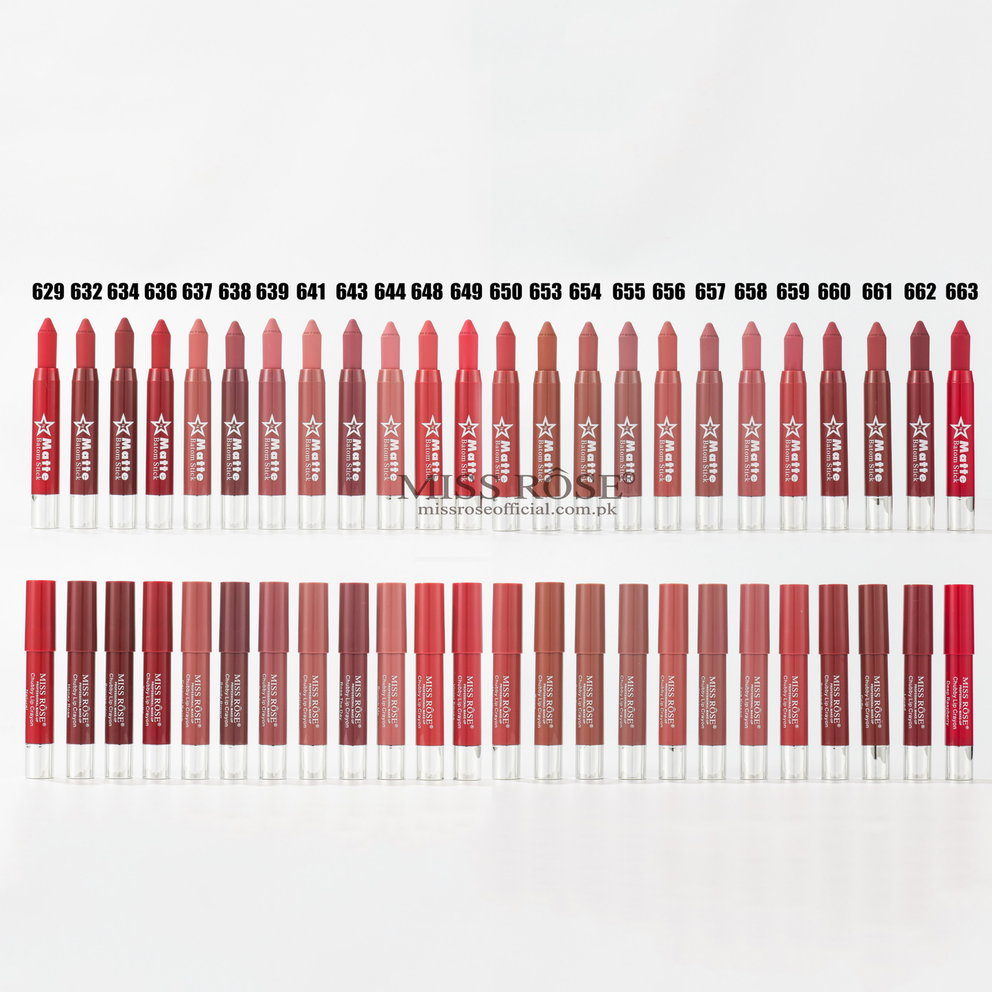 Multiple lip pencils in various shades on a white background with 'MILK ROSE' branding.