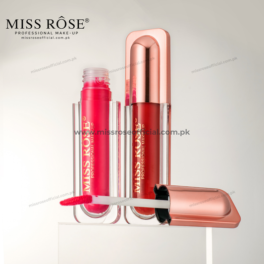 Miss Róse Professional Make-up liquid lipstick shown in a clear tube with a metallic rose gold cap, alongside the applicator wand, on a clean white background.