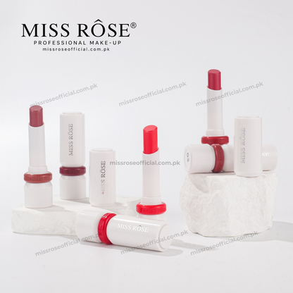 Miss Rose professional makeup lipstick set displayed on white marble blocks against a clean white background, with the brand logo and website printed at the top.