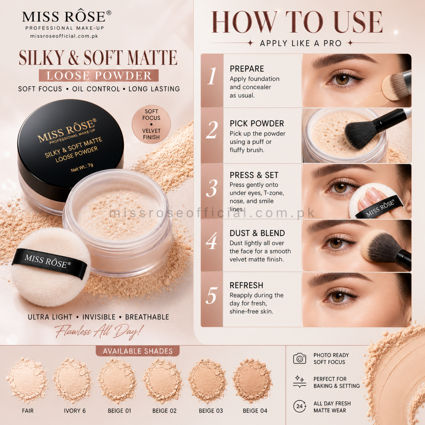 Miss Rose Silky and Soft Matte Loose Powder