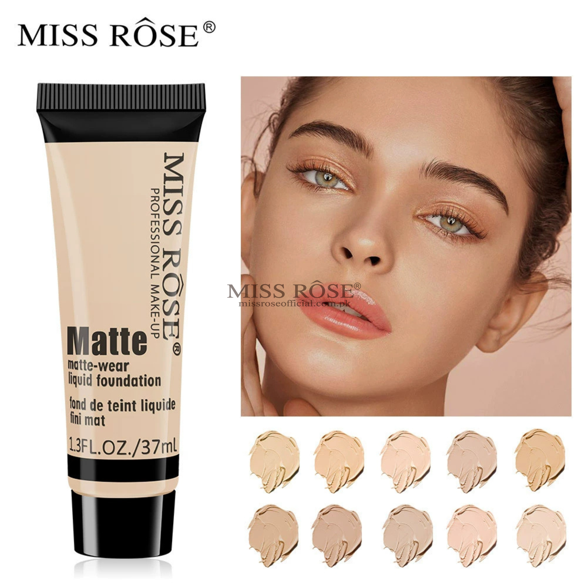 Miss Rose Matte Wear Liquid Foundation with a model's face and color swatches.