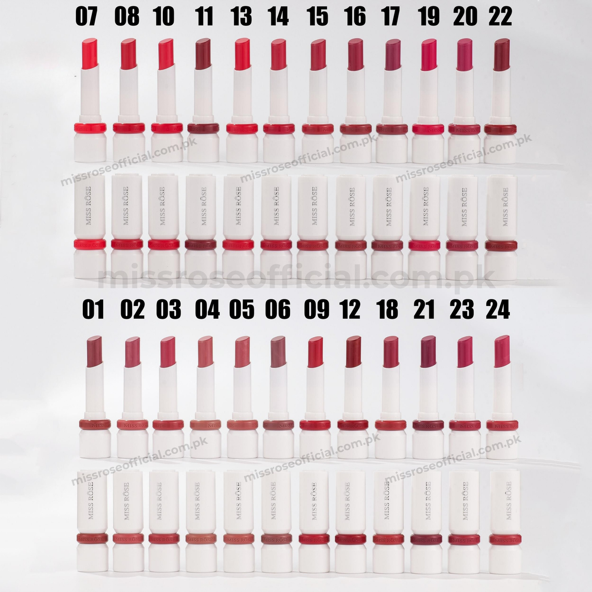A grid of 30 Miss Rose lipstick tubes in various shades of red, pink, and berry, arranged in three rows with black numbers above each pair indicating the shade codes. The background is white with a faint diagonal watermark.