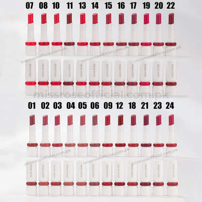 A grid of 30 Miss Rose lipstick tubes in various shades of red, pink, and berry, arranged in three rows with black numbers above each pair indicating the shade codes. The background is white with a faint diagonal watermark.