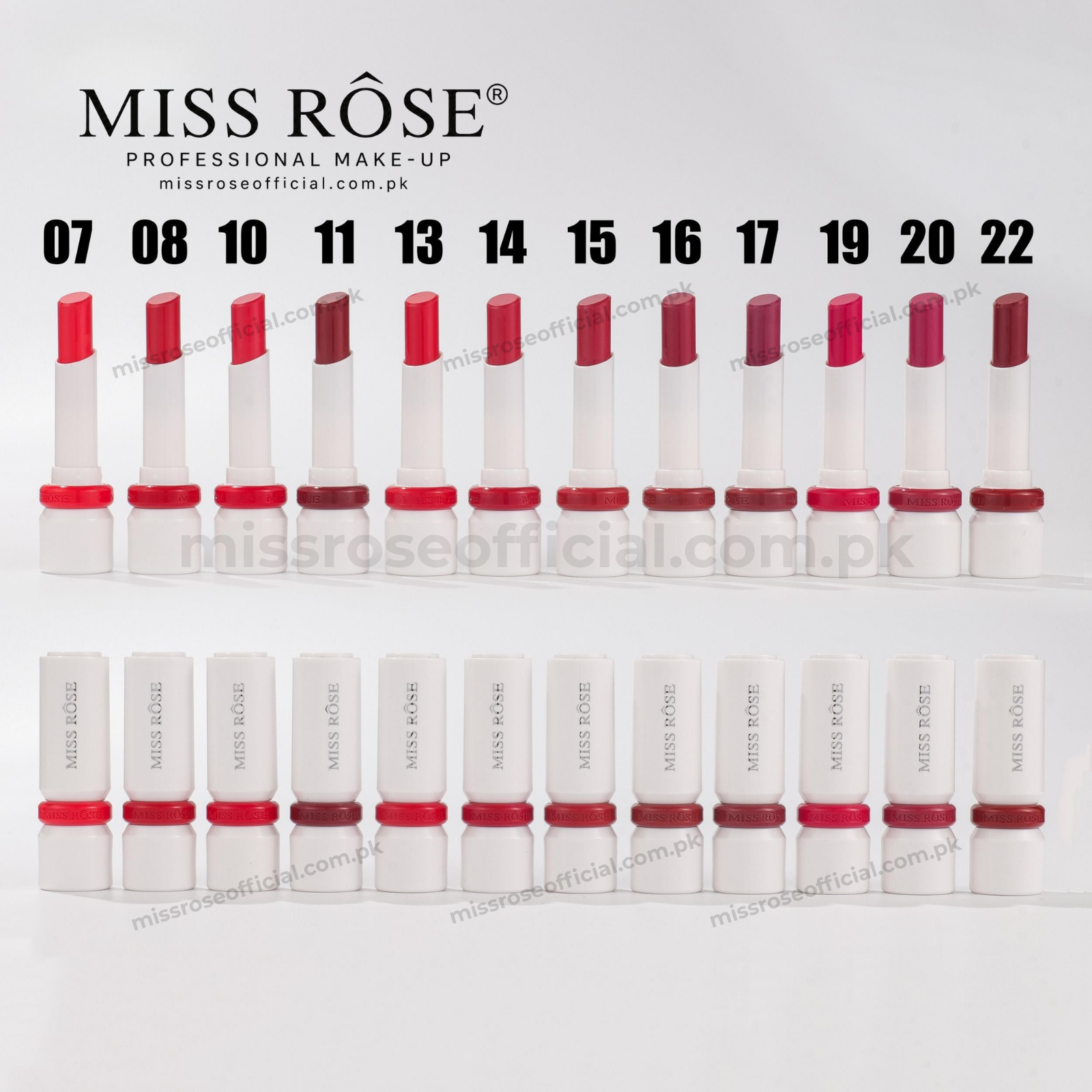 A 24-shade lipstick lineup from MISS RØSE, showing the open lipstick tips and white tubes with red bands, numbered 07 to 22 on a light gray background.