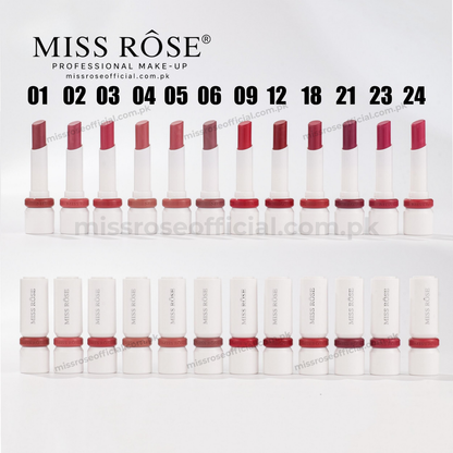 Miss Rose professional makeup lipstick set showing 24 different shades numbered 01 to 24. The lipsticks are arranged in two rows of 12, with their white caps removed to display the lipstick bullet.