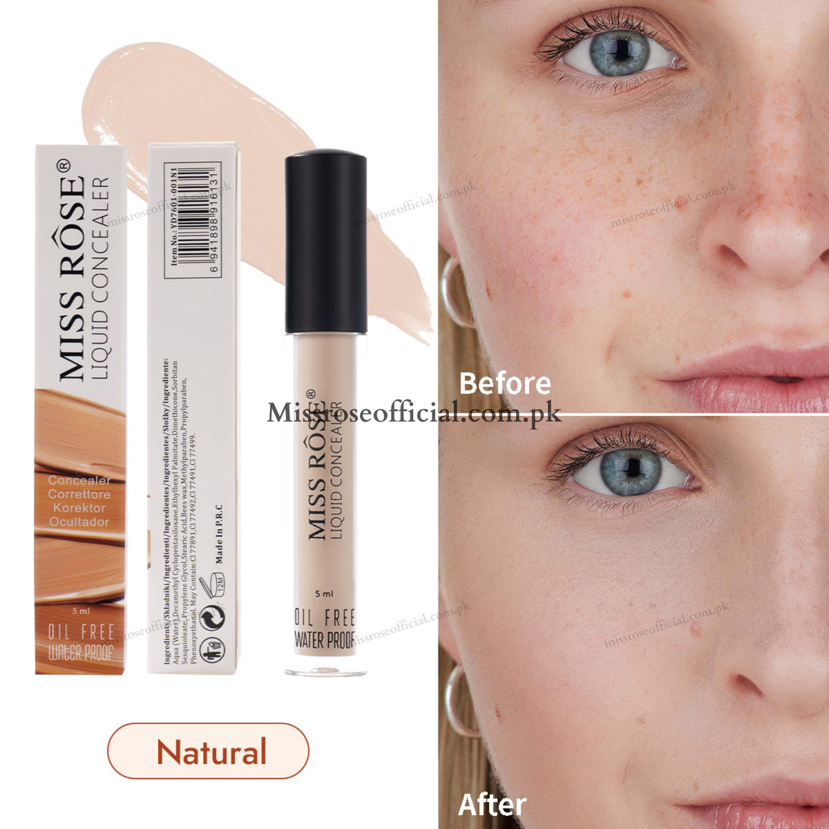 Miss Rose Liquid Concealer in shade Natural, shown with the product packaging, a liquid swatch, and a before-and-after comparison of a woman's face demonstrating the concealer's effect on freckles.