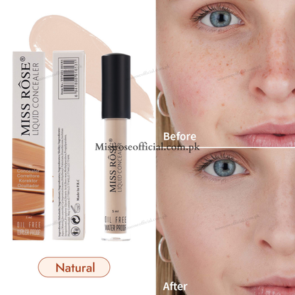 Miss Rose Liquid Concealer in shade Natural, shown with the product packaging, a liquid swatch, and a before-and-after comparison of a woman's face demonstrating the concealer's effect on freckles.