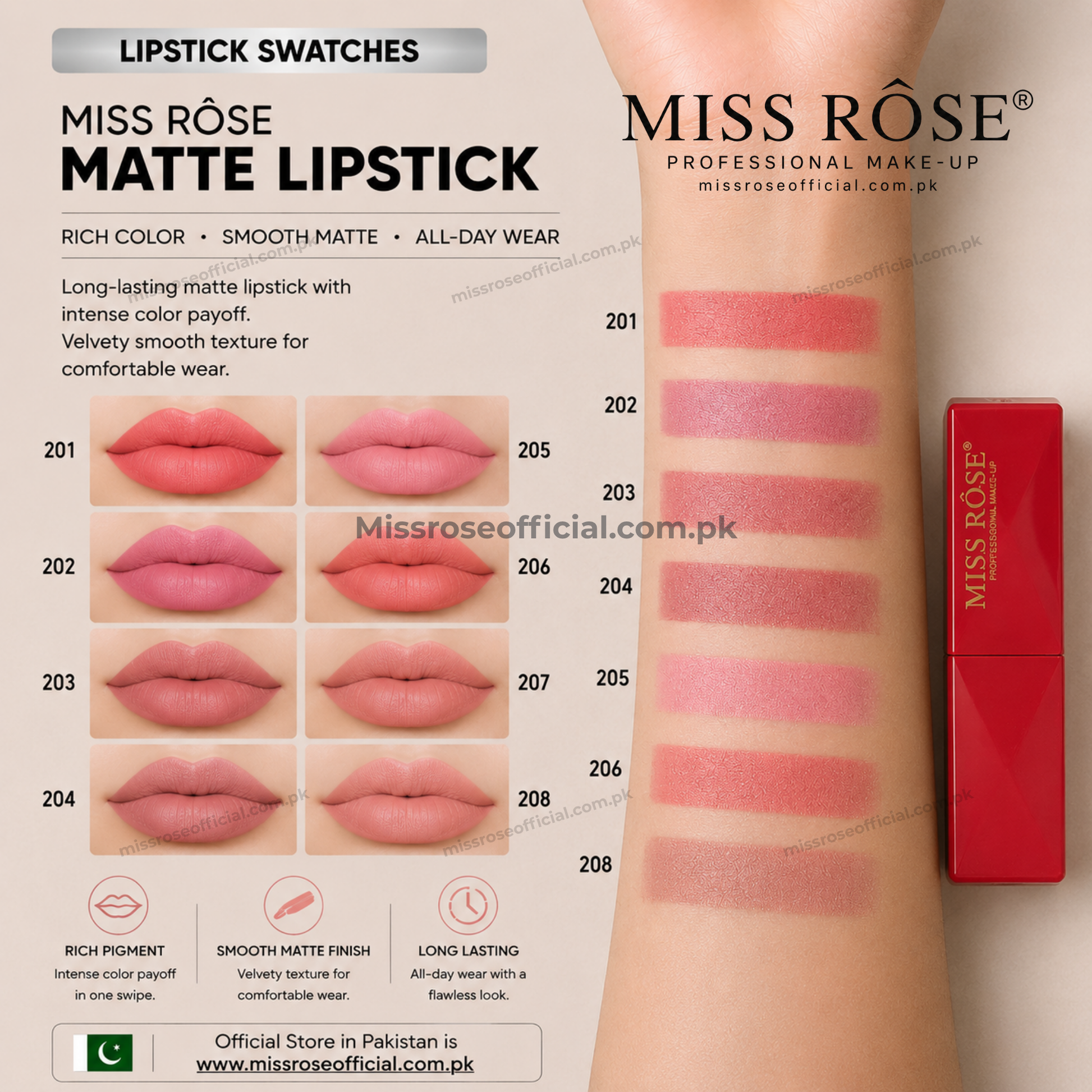 Miss Róse Matte Lipstick shade chart showing 21 different lipstick swatches on a model's forearm, alongside the red lipstick tube packaging and product details.