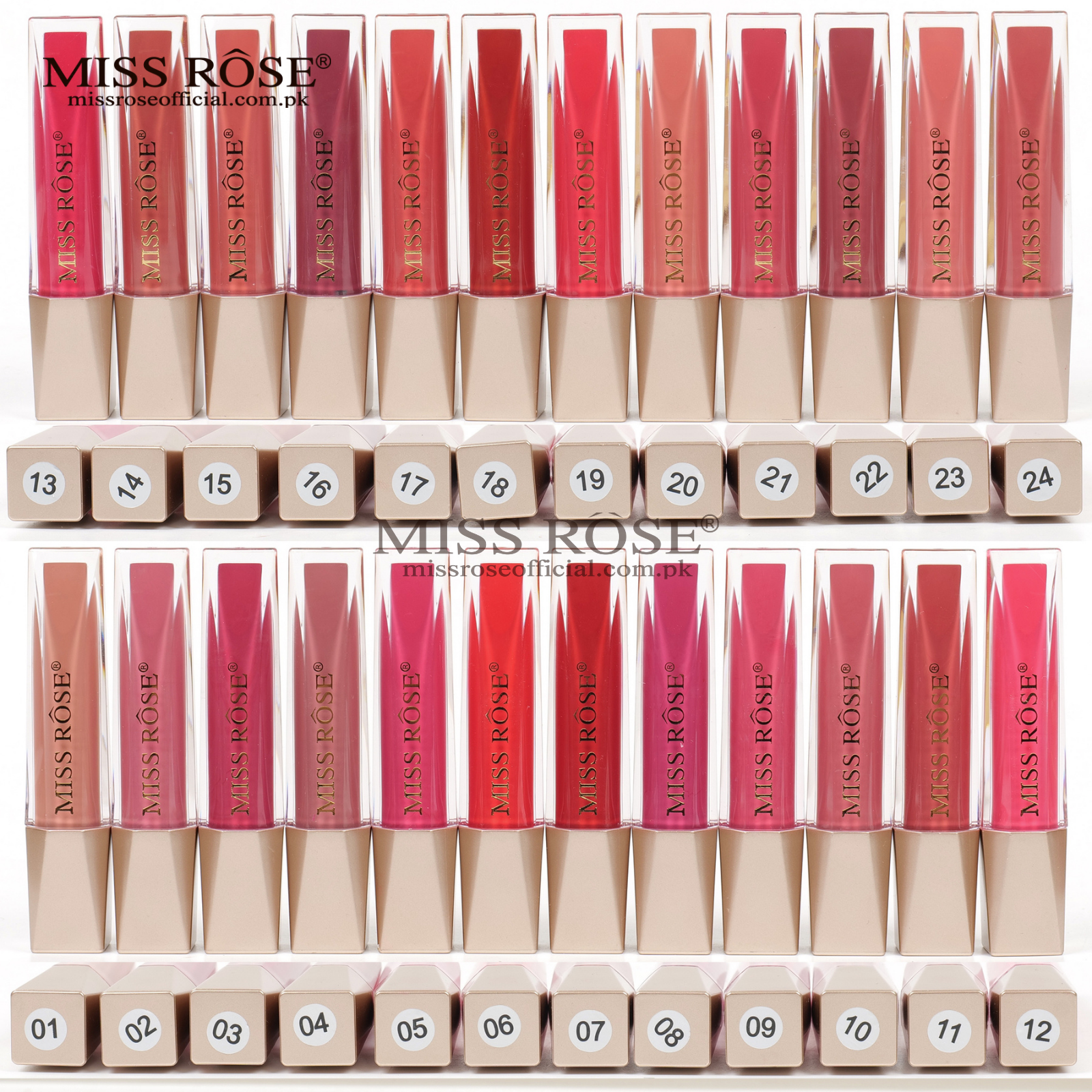 Miss Rose lipgloss displayed with color swatches on a white background
