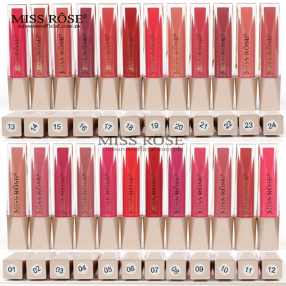 Miss Rose lipgloss displayed with color swatches on a white background