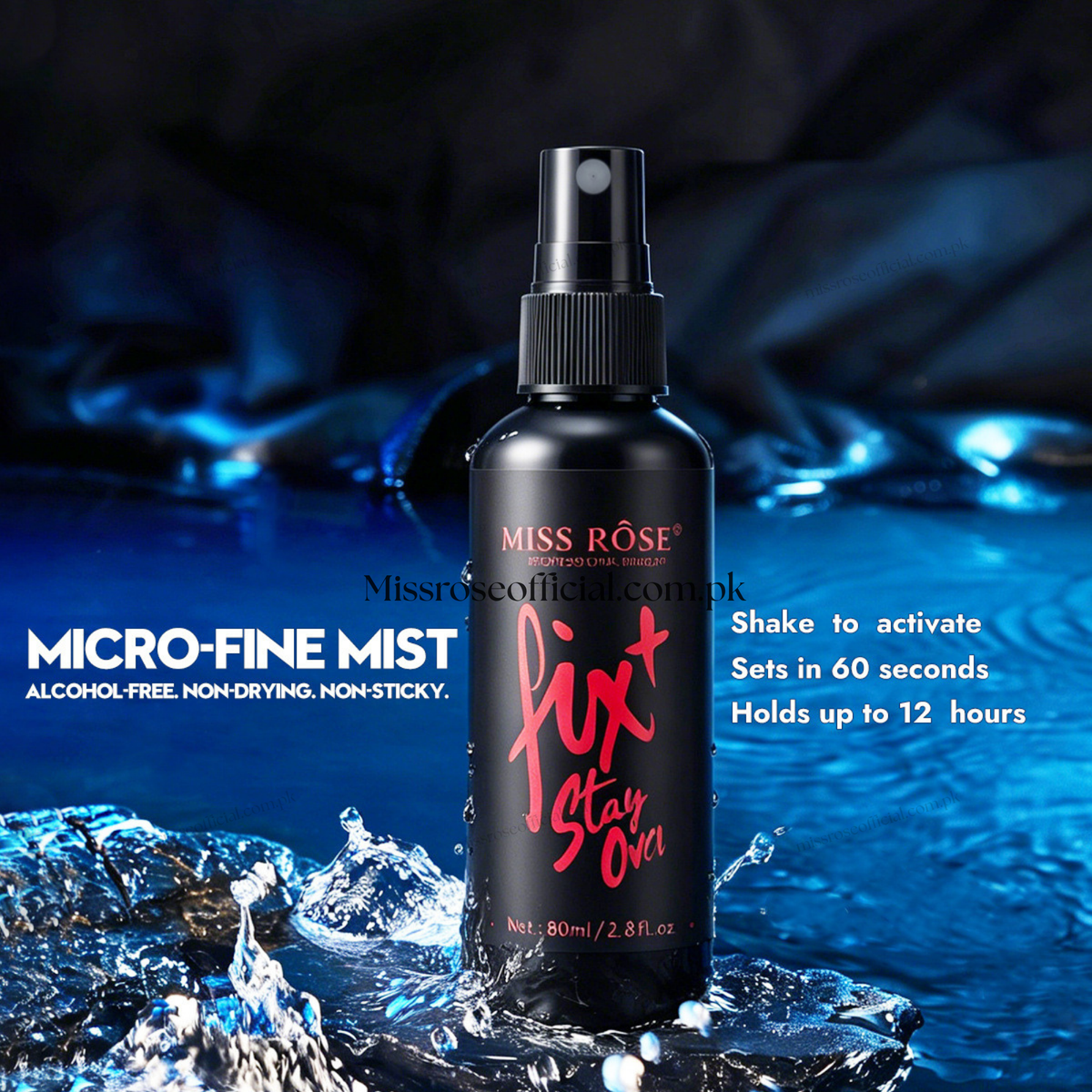 Miss Röse Fix Stay On! Micro-Fine Mist spray bottle in black with red lettering, set against a dark blue water splash background with promotional text.