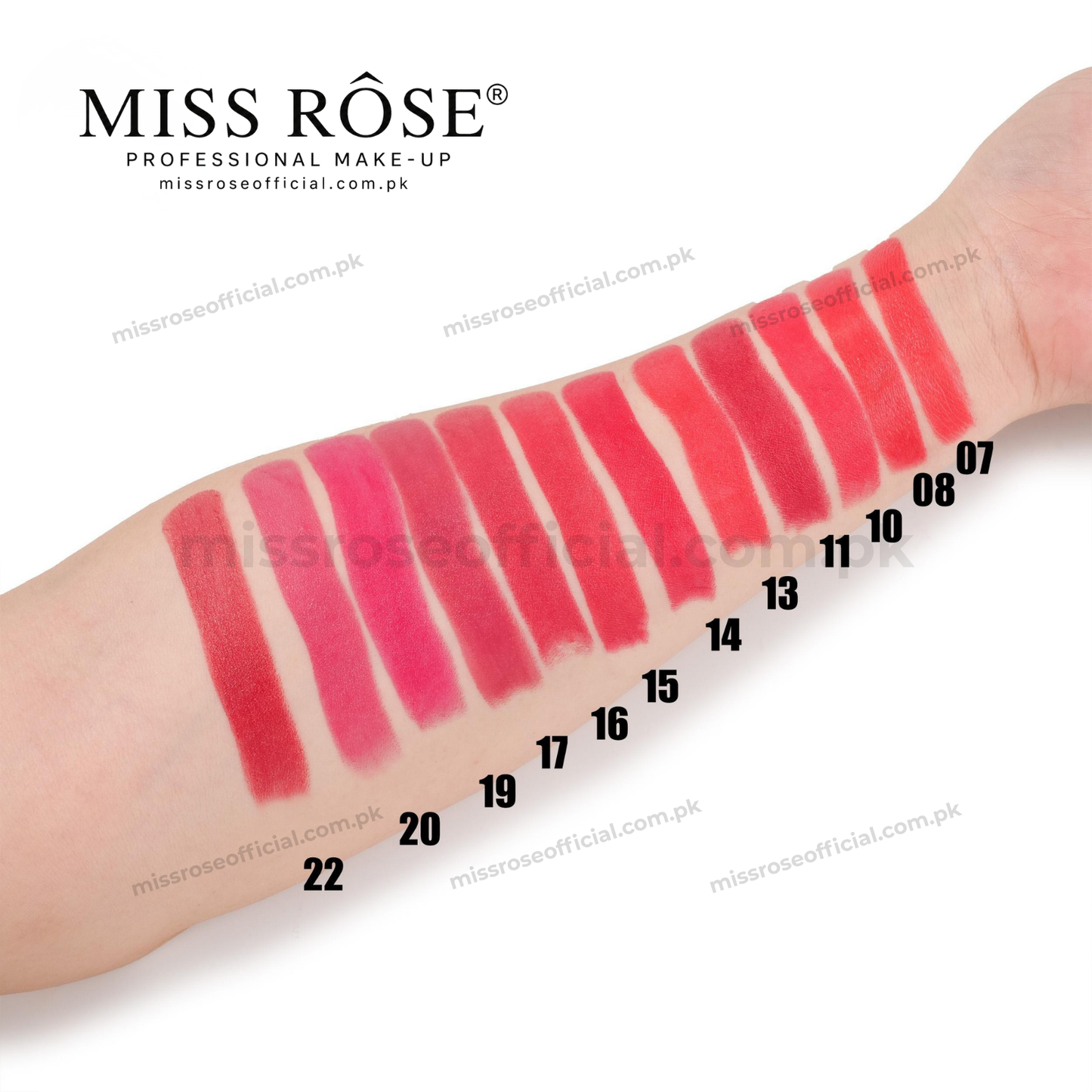 A close-up of a forearm showing multiple lipstick color swatches numbered 22 through 07, with the MISS RØSE brand name printed at the top on a white background.