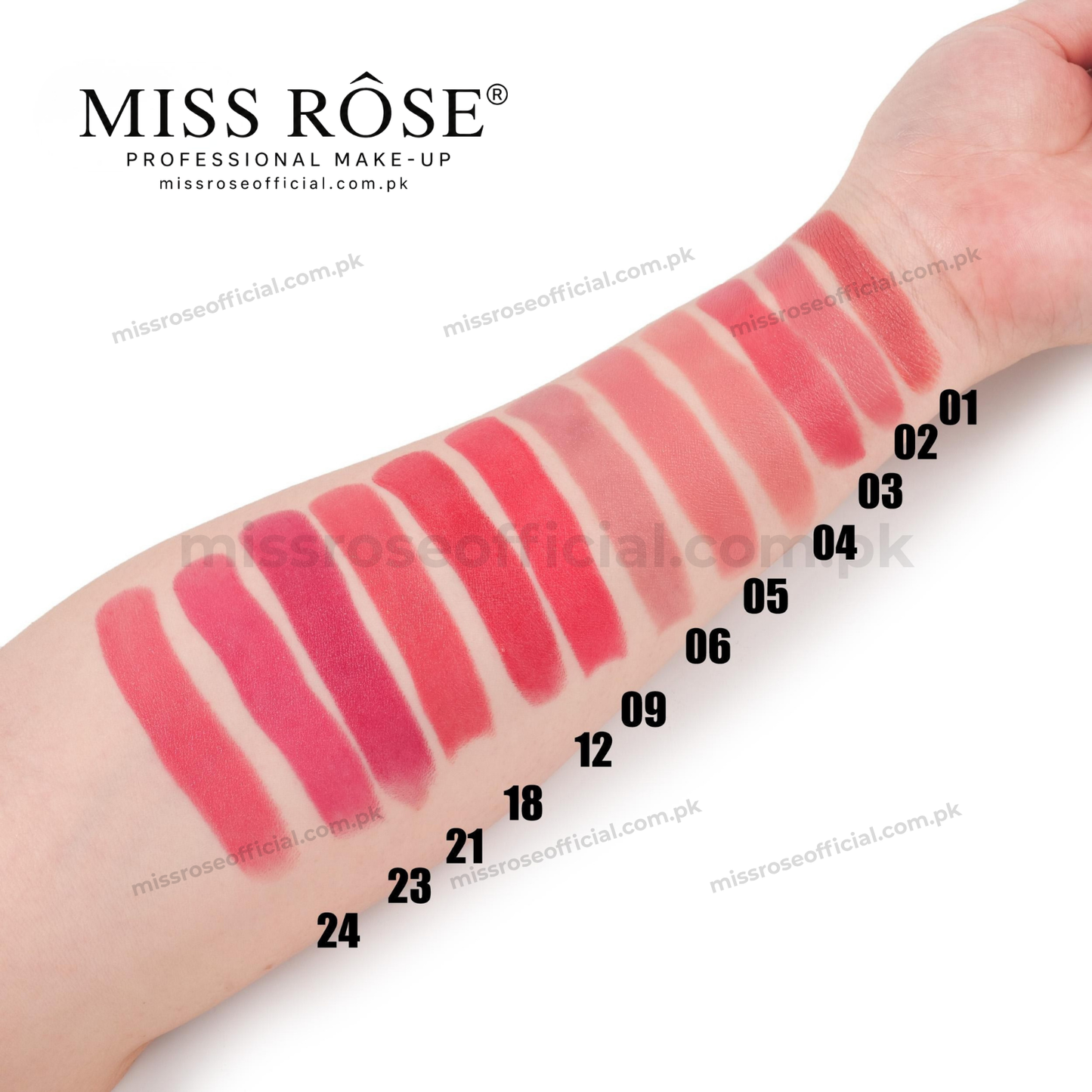 A close-up of a forearm showing multiple lipstick color swatches with the MISS ROSE brand name printed at the top on a white background.