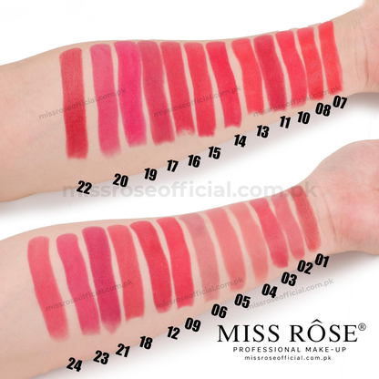 Two forearm swatches displaying 18 lipstick color samples numbered 01 to 24, showing a gradient from deep berry reds to bright pink and coral tones. The MISS RÓSE brand logo is visible in the bottom right corner.