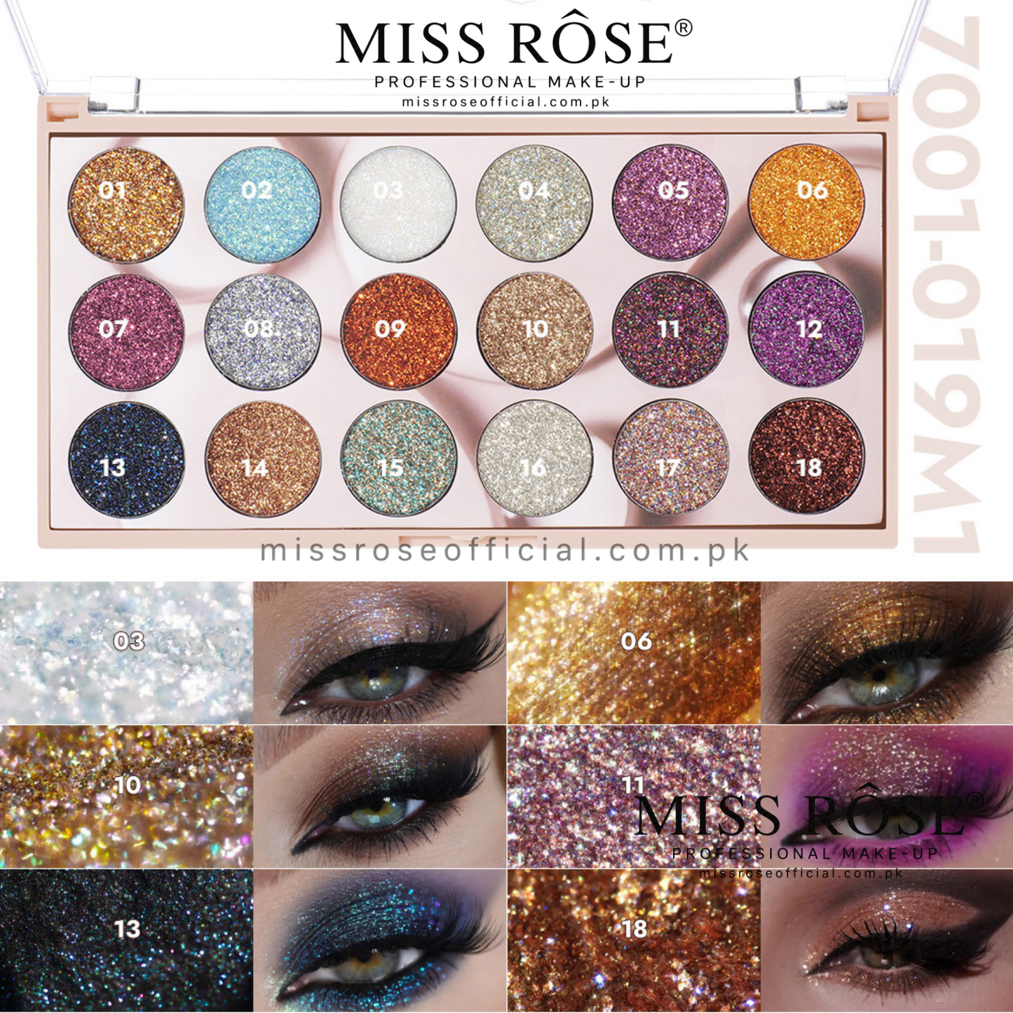 MISS RÔSE® 18 Color Glitter Eyeshadow Palette