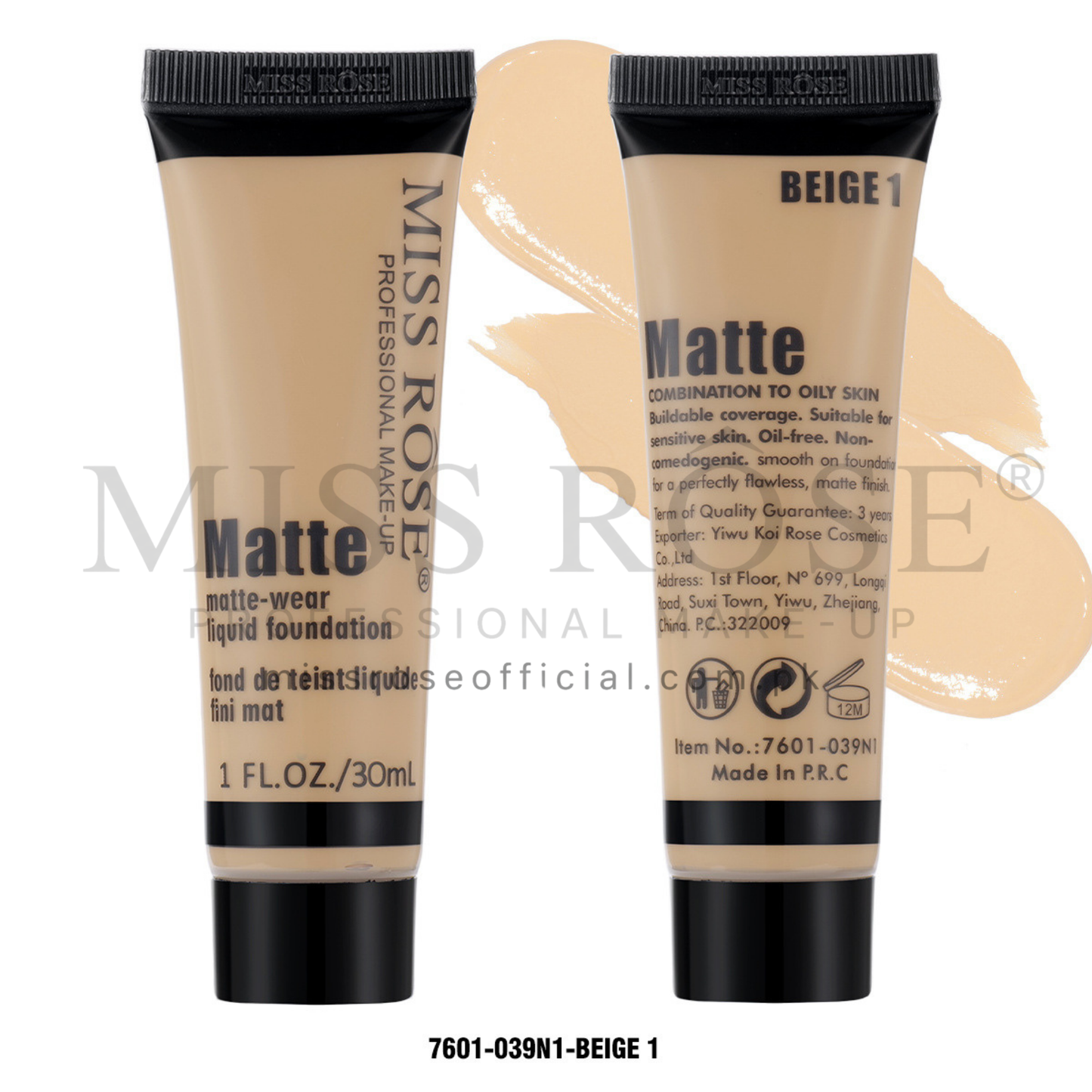 MISS RÔSE® Full Coverage Matte Foundation  Beige 1