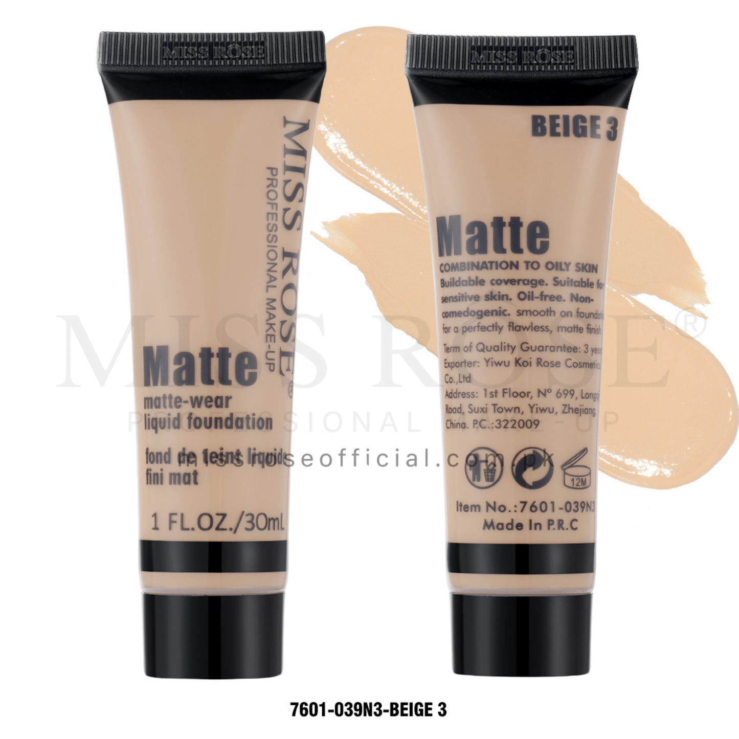MISS RÔSE® Full Coverage Matte Foundation Beige 3