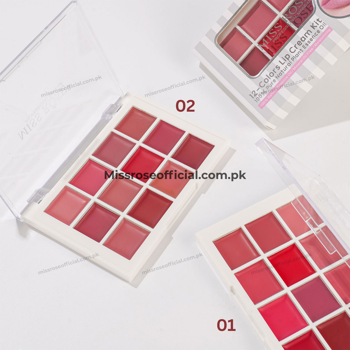 Three open Missrose 12-Color Lip Cream Kit palettes arranged on a white background, showing different shade combinations numbered 02, 01, and part of another palette. The lip colors range from pinks and reds to coral and berry tones.