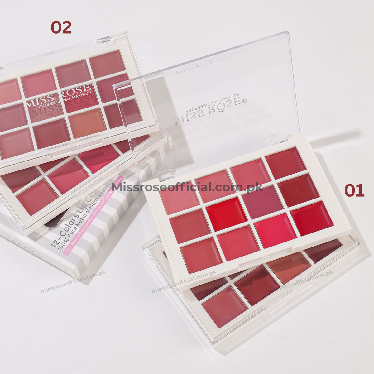 Three open Missrose 12-Color Lip Color palettes with numbered markers 02, 01, and a pink box, showing various shades of pink, red, and nude lip colors on a white background.
