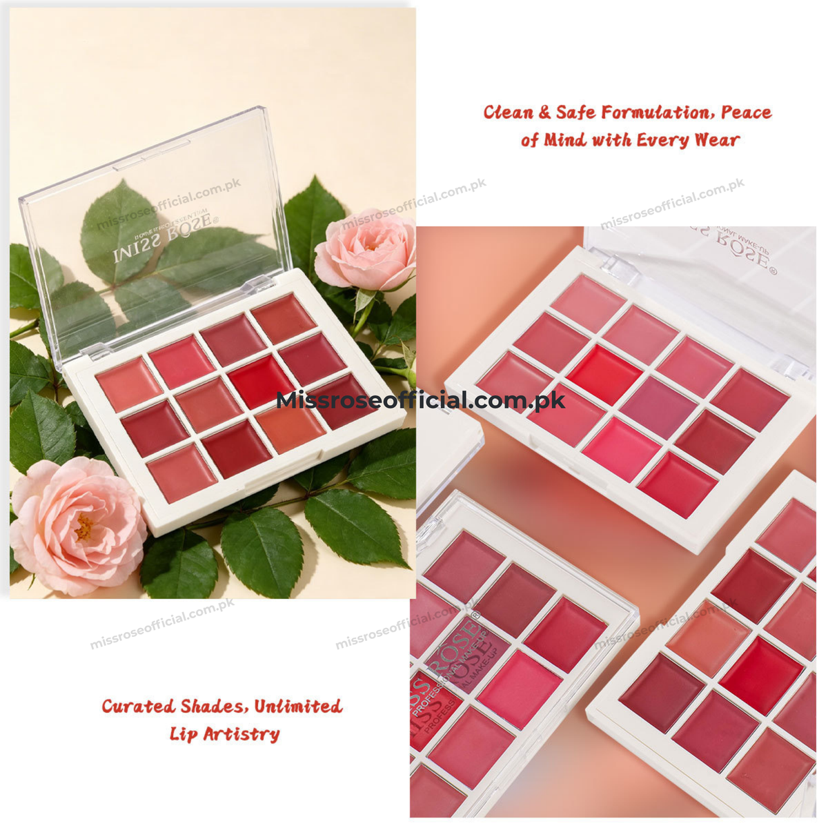 Four open MISS ROSE Lip Cream Palettes showing different shades of pink, red, and coral lip colors, arranged with pink roses and green leaves on a beige background with promotional text overlays.