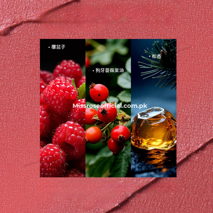 A three-panel product collage on a textured pink background. The left panel shows close-up raspberries with white text.