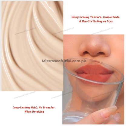 A beauty product promotional graphic showing a beige cream lip color swatch on the left and a close-up of a person's lips wearing the color on the right. Red text highlights silky creamy texture, comfort, non-irritation, and long-lasting hold with no transfer when drinking.