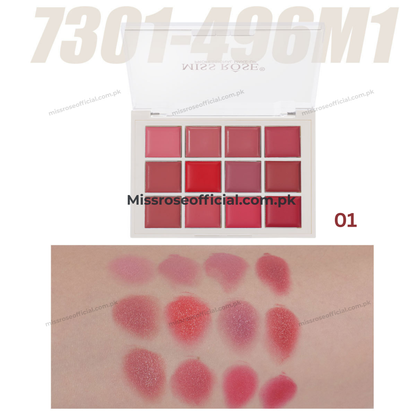 Miss Rose 12-color liquid lipstick palette 01, featuring a white compact with pink and red lipsticks, shown above a swatch demonstration on skin.