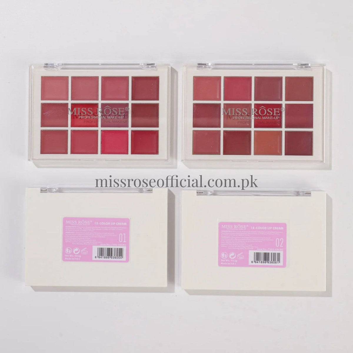 Miss Rose makeup palettes 01 & 02 with 24 shades on a white background