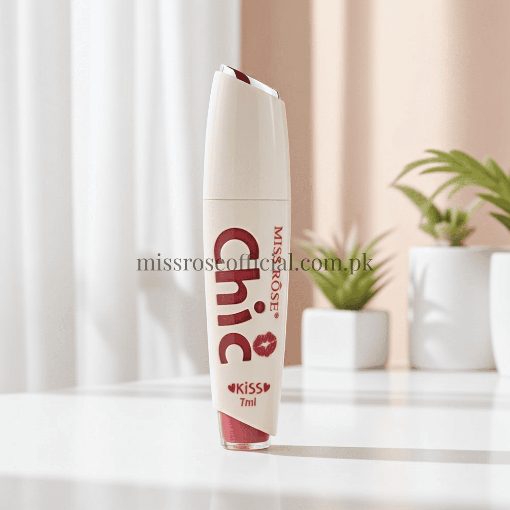 Miss Rose Chic lip gloss on a white surface with plants in the background