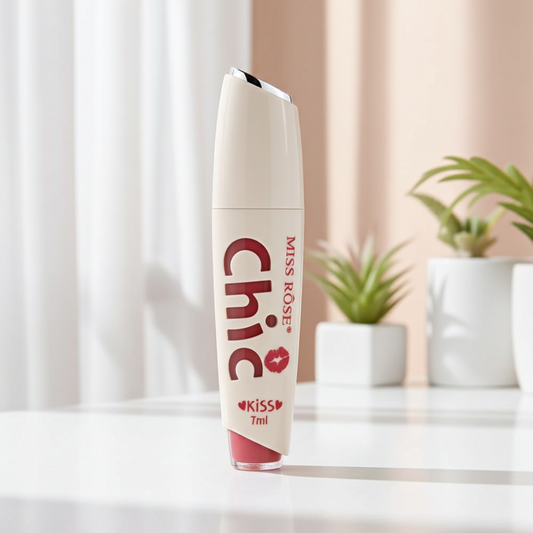 Miss Rose Chic lip gloss on a white surface with plants in the background