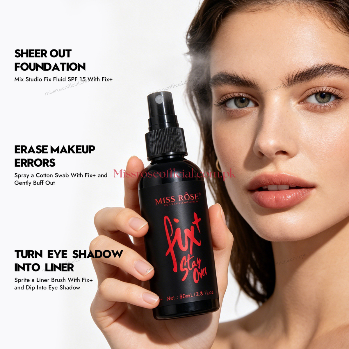 A woman holds a black Miss Rose Fix stay on spray bottle next to text overlays explaining its use on a white background.