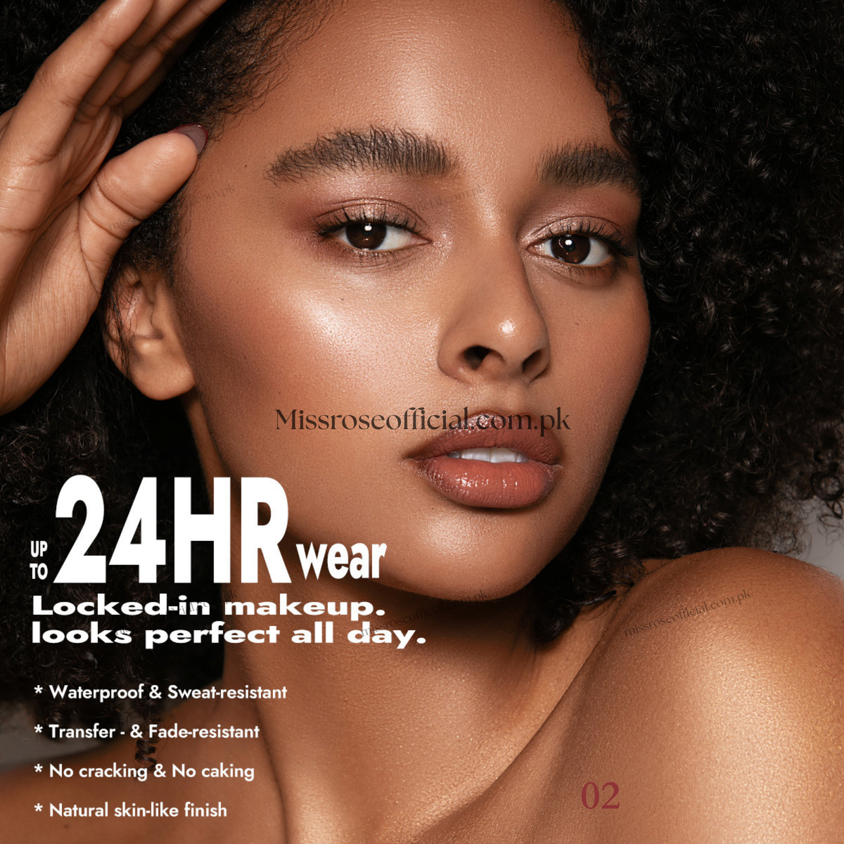 Close-up beauty advertisement showing a woman with warm medium-dark brown makeup and dark curly hair, with text reading 'UP TO 24HR wear' and 'Locked-in makeup. looks perfect all day.