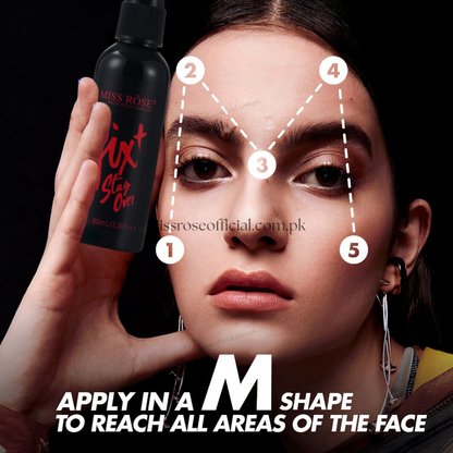 A woman holds a black Miss Rose 'Fix It Stay Over!' makeup bottle against a dark background while applying product in a marked M-shape on her face. White dashed lines and numbered circles (1-5) indicate facial areas to cover, with text at the bottom reading 'APPLY IN A M SHAPE TO REACH ALL AREAS OF THE FACE'.