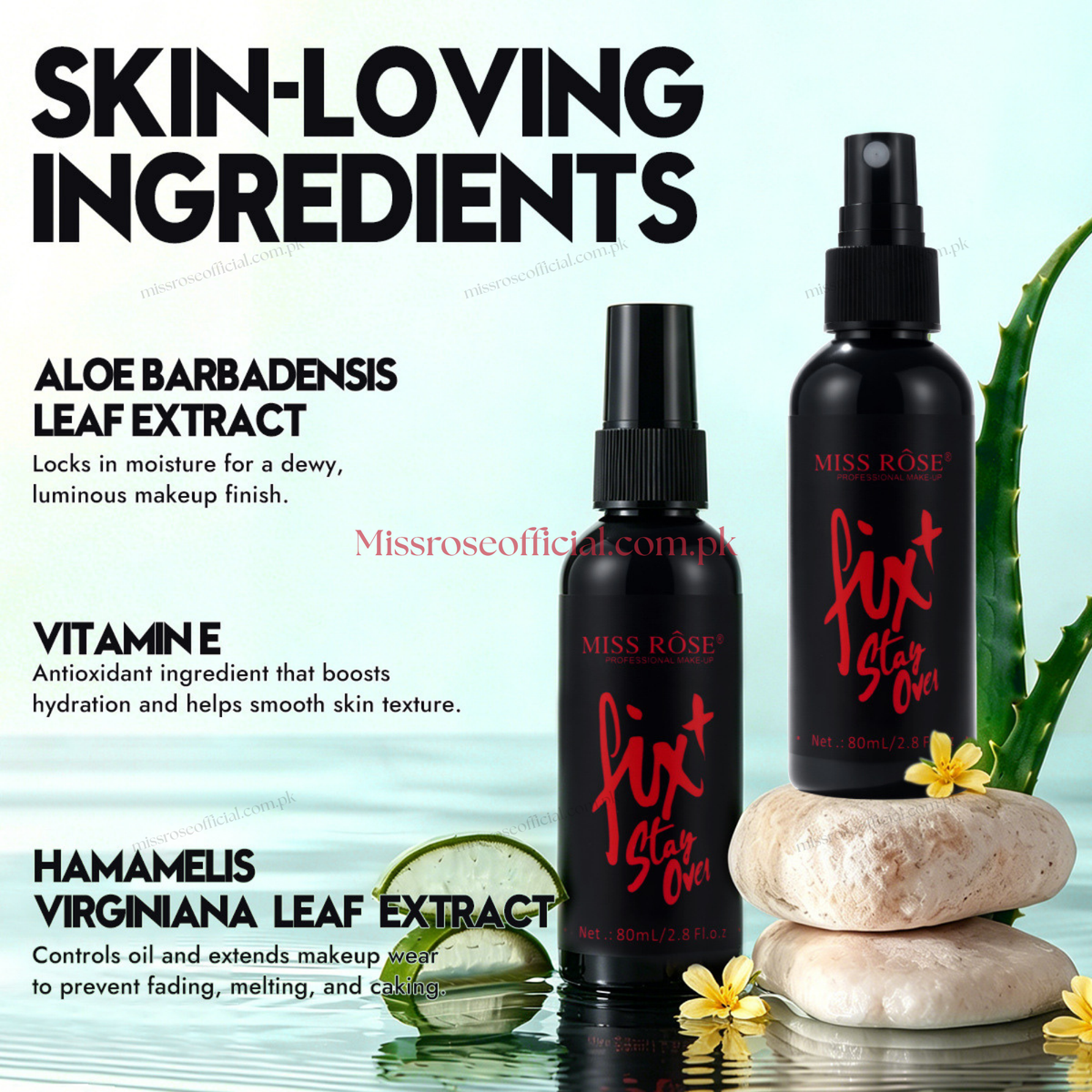 Two black MISS ROSE 'fix it Stay Open' spray bottles displayed on stacked white stones with aloe vera slices and flowers against a light blue background with ingredient text overlays.