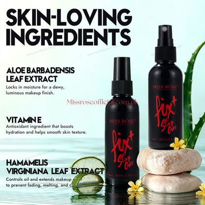 Two black MISS ROSE 'fix it Stay Open' spray bottles displayed on stacked white stones with aloe vera slices and flowers against a light blue background with ingredient text overlays.