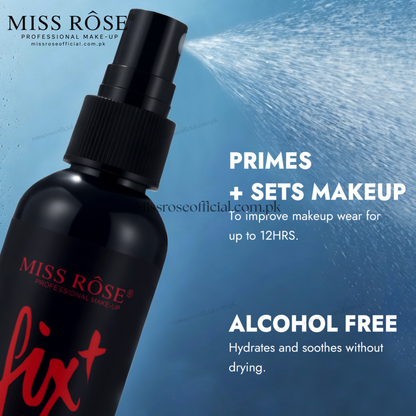 Miss Róse Fix+ Alcohol Free makeup primer spray bottle in black with red lettering, shown against a blue background with text overlays describing its makeup priming benefits.