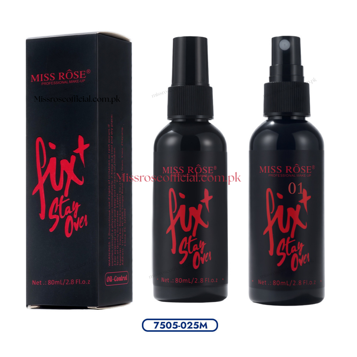 Miss Róse Fix + Stay Over! hair repair spray shown with its black retail box and two black spray bottles on a white background, with a blue product code label at the bottom.