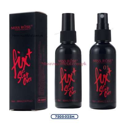 Miss Róse Fix + Stay Over! hair repair spray shown with its black retail box and two black spray bottles on a white background, with a blue product code label at the bottom.