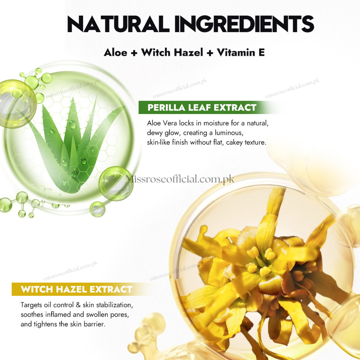 Promotional graphic for a natural skincare ingredient blend, featuring text reading 'NATURAL INGREDIENTS' and 'Aloe + Witch Hazel + Vitamin E,' with illustrated and photographic depictions of perilla leaf extract and witch hazel extract.