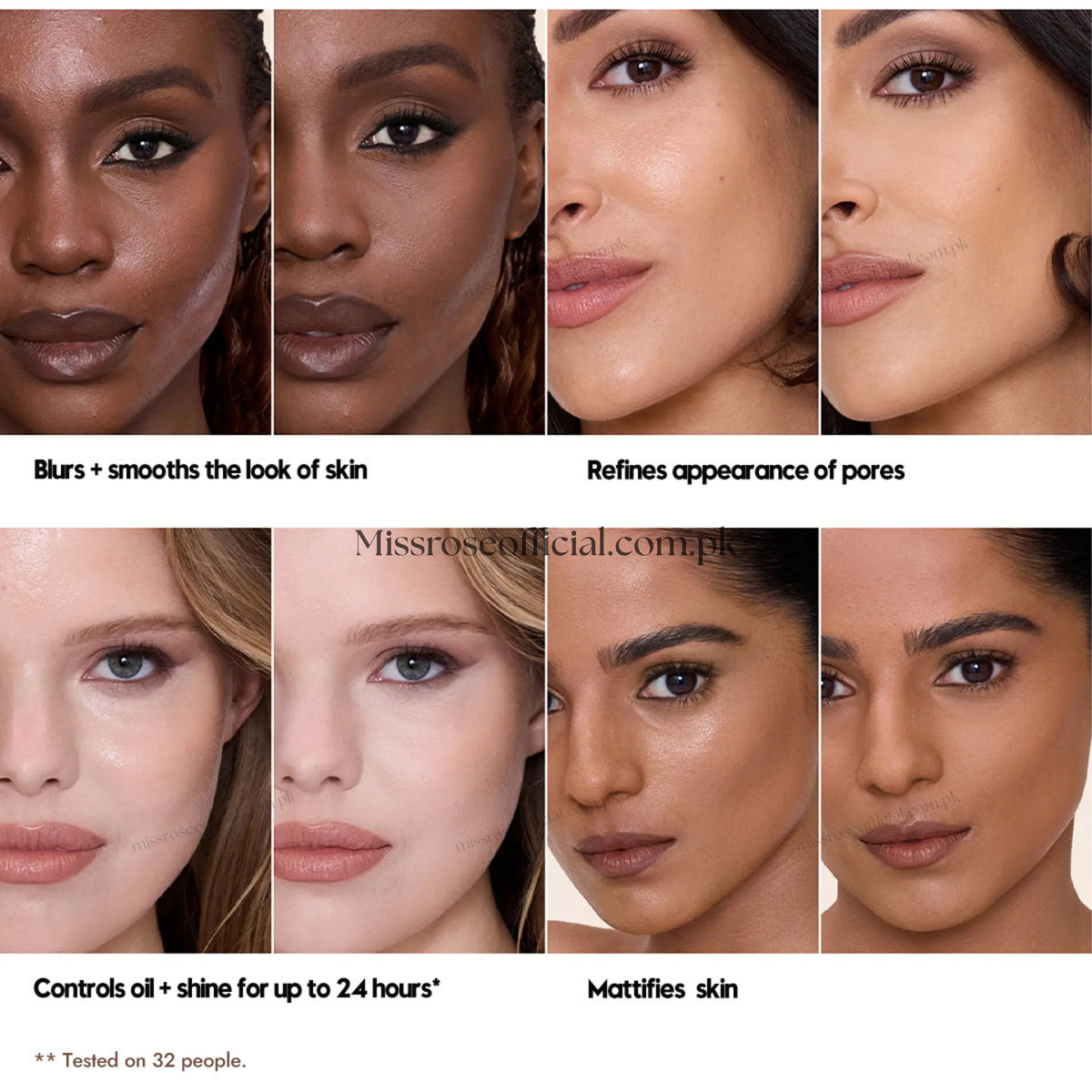 A 2x4 grid of close-up facial skin results photos showing different makeup or skincare effects: blurred/smoothed skin, refined pores, oil control with shine, and matte skin. Text labels describe each result, and a small watermark reads Missrose cosmetics.