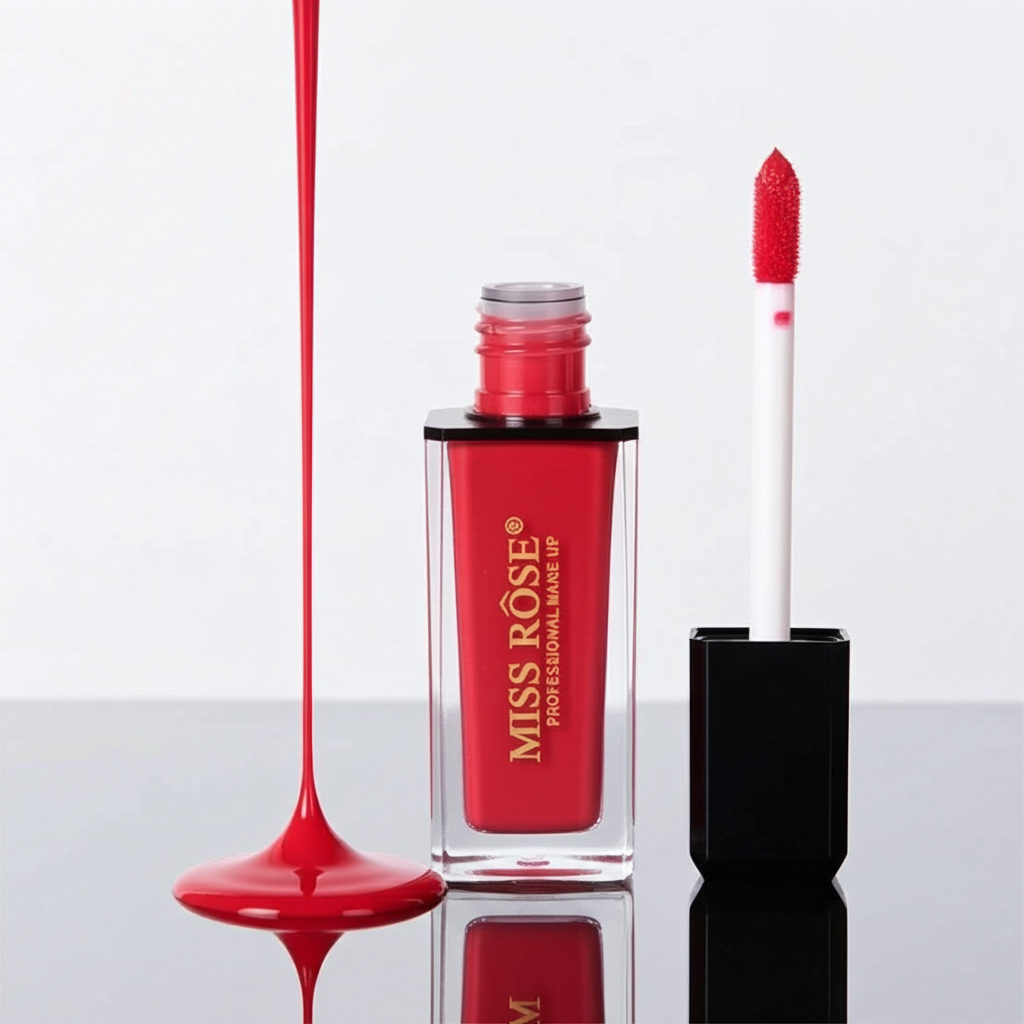 Red lip gloss bottle with applicator on a white background, featuring 'MISS ROSE' branding.